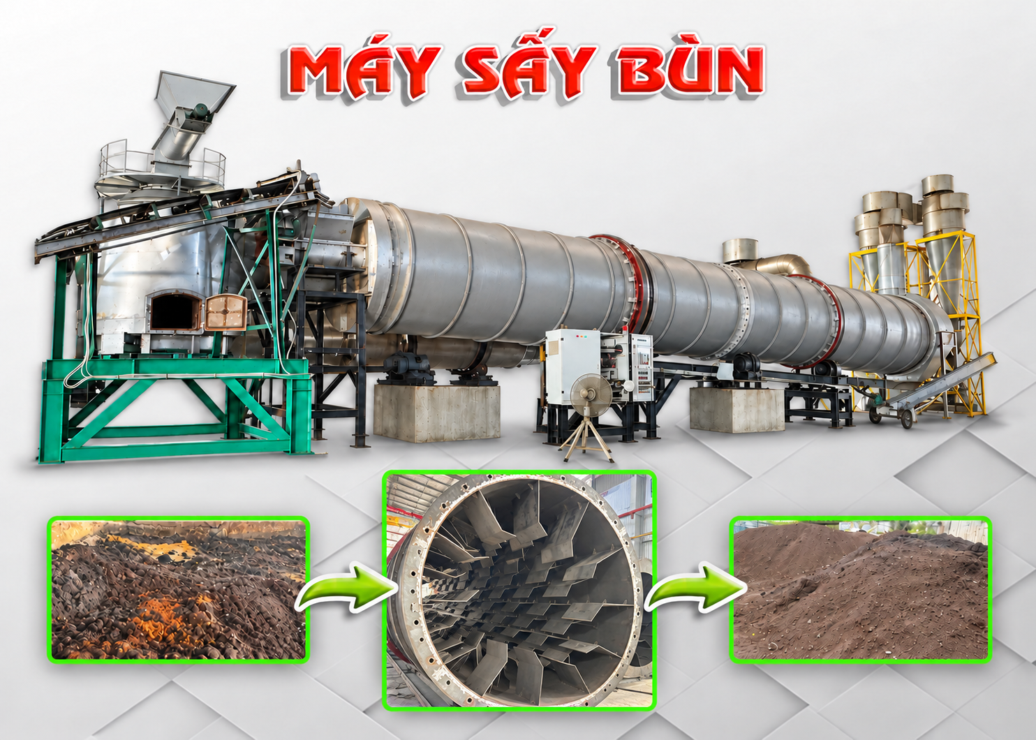 Máy sấy bùn công nghiệp 10 tấn/giờ Phương Quân - hệ thống sấy thùng quay và lò đốt