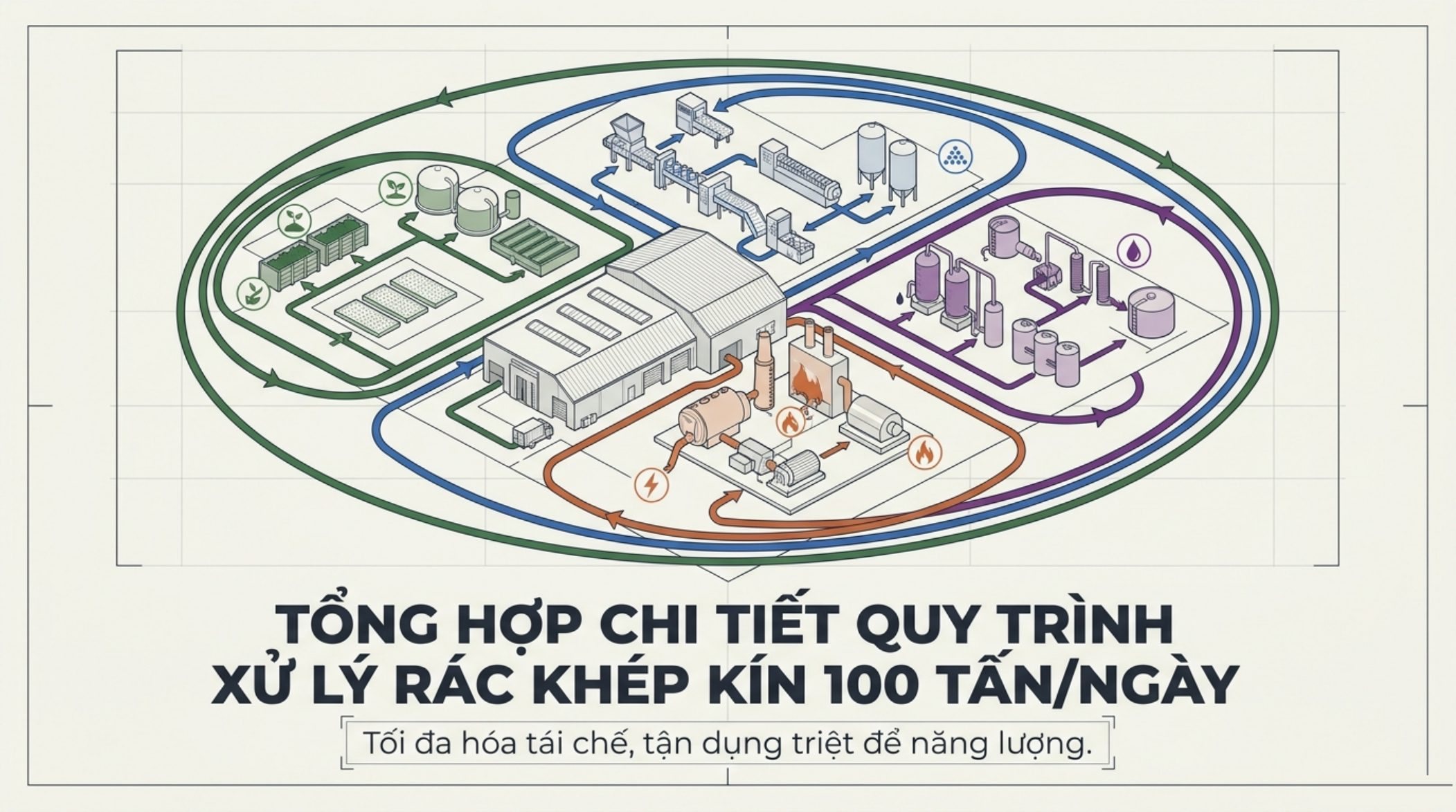 Sơ đồ tổng hợp quy trình xử lý rác sinh hoạt khép kín công suất 100 tấn/ngày