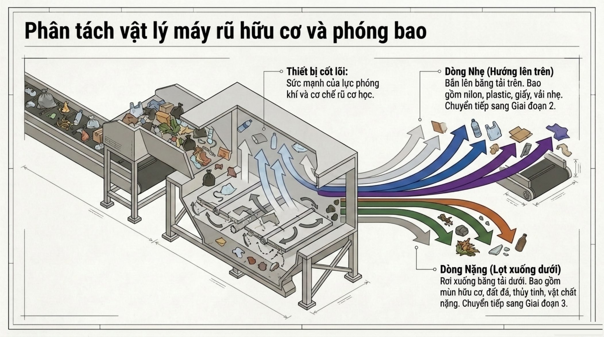 Máy rũ hữu cơ và phóng bao tách dòng nhẹ lên băng tải trên, dòng nặng lọt xuống dưới