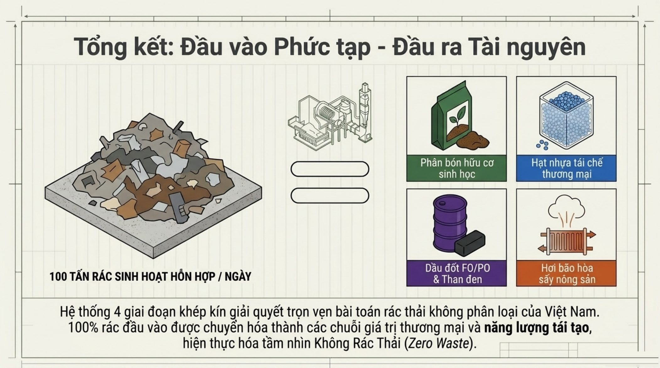 100 tấn rác sinh hoạt hỗn hợp mỗi ngày thành phân hữu cơ, hạt nhựa, dầu FO/PO, than đen và hơi bão hòa