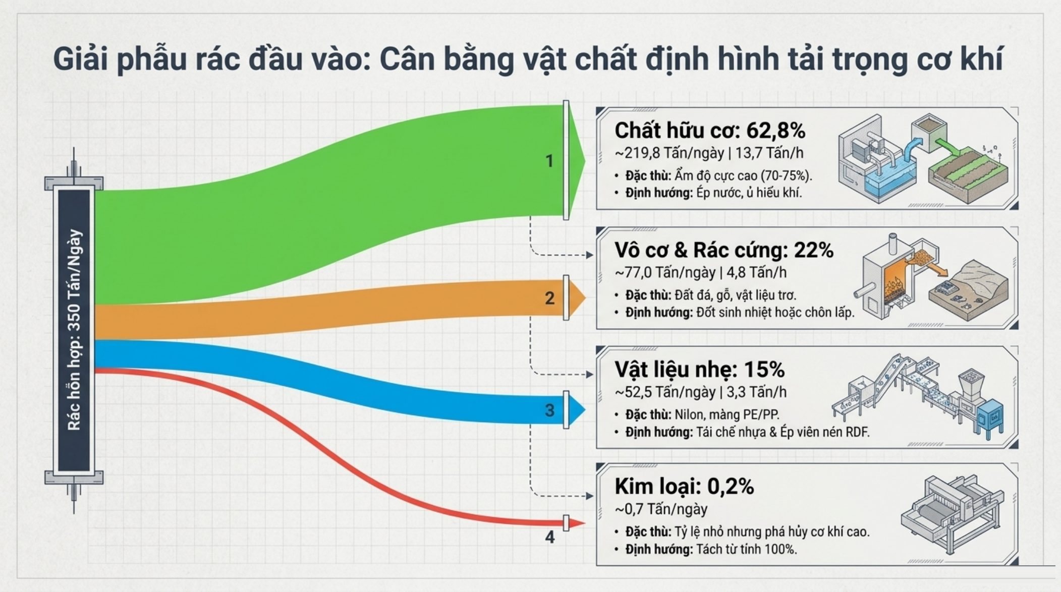 Thành phần rác đầu vào: hữu cơ 62,8%, vô cơ 22%, vật liệu nhẹ 15%, kim loại 0,2%