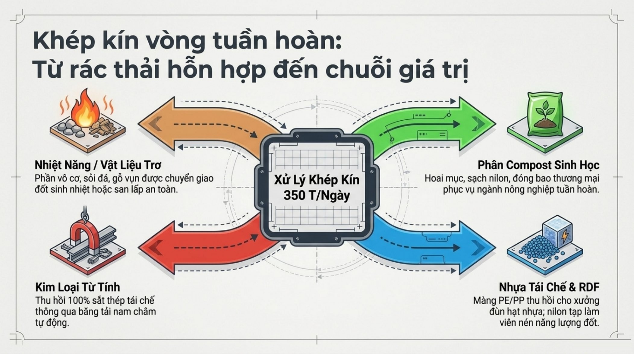 Khép kín vòng tuần hoàn: nhiệt năng, compost, kim loại từ tính, nhựa tái chế và RDF
